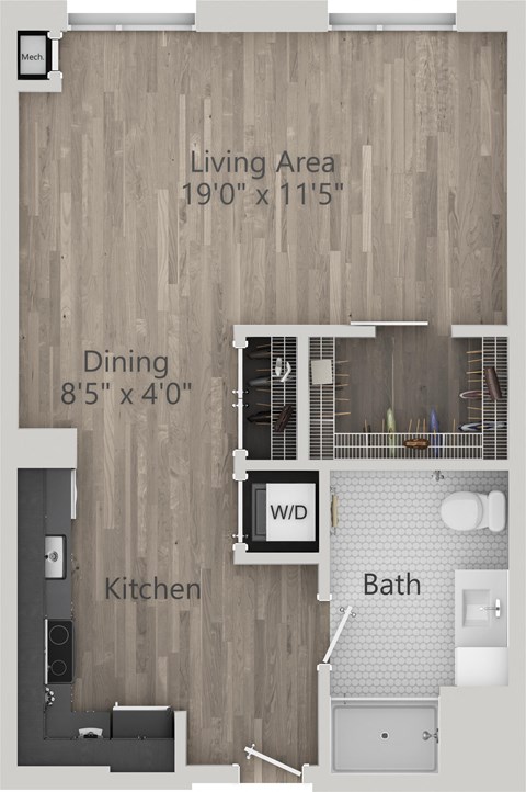 Floor plan for studio, 1 bath, 589 sqft